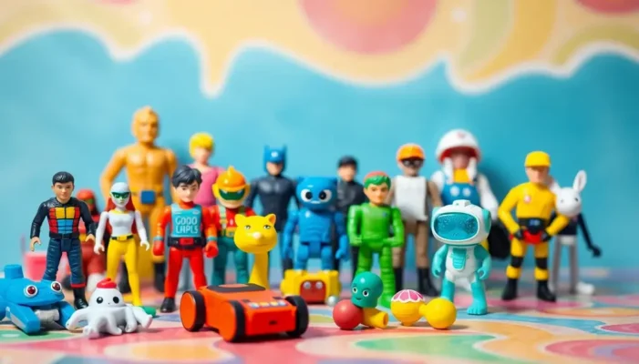 A colorful table filled with iconic 90s toys, including action figures and digital pets, reflecting childhood wonder.