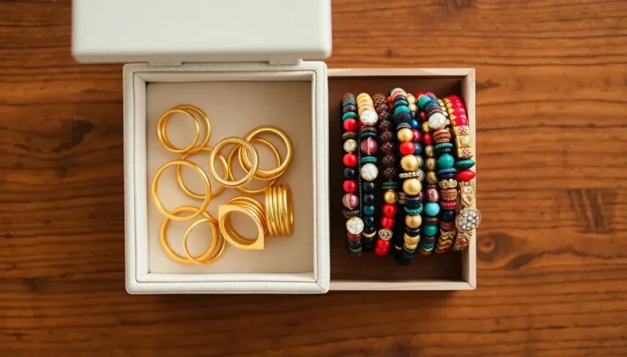 Jewelry box displaying minimalist rings and maximalist bracelets symbolizing accessory style choices.