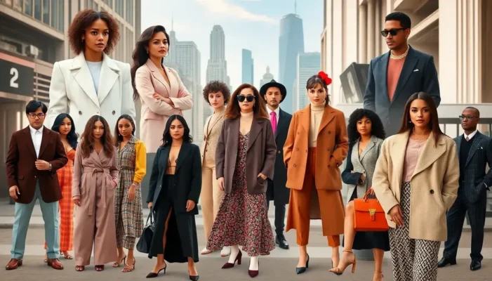 Collage of scenes from TV shows with fashionable characters in various stylish settings.