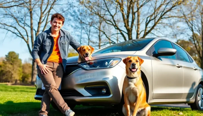 A new car owner with their dog beside their vehicle in a park under a sunny sky.