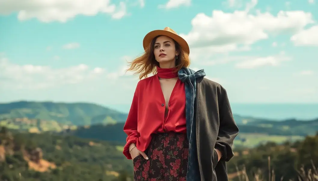 Model wearing eco-friendly fashion in nature.