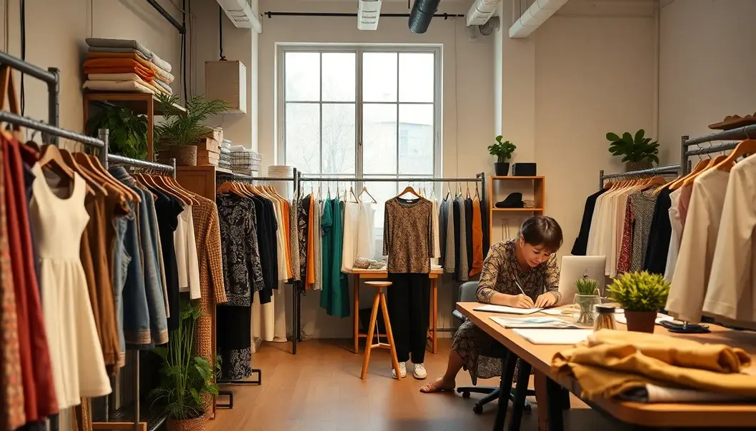 Eco-friendly materials like organic cotton and bamboo in a fashion studio.